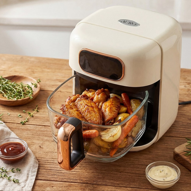 아우로 글라스바스켓 5.5L대용량 저소음 에어프라이어, 아이보리, HA2244-5.5L
