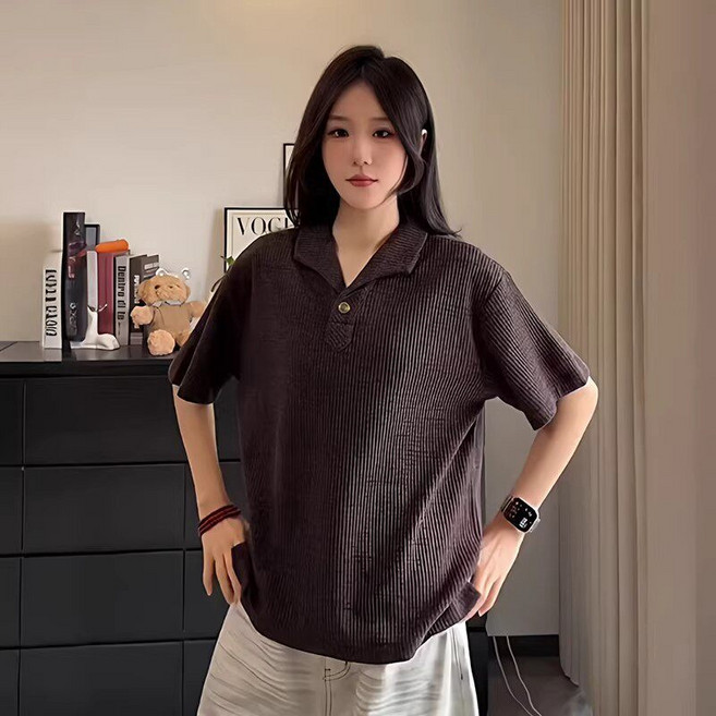 深咖色亨利領條紋針織短袖POLO衫, XL