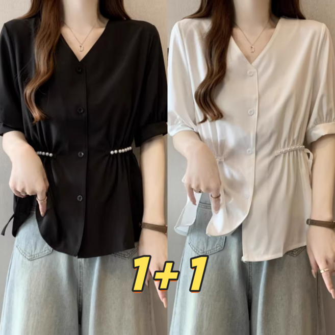 1+1 여성 브이넥 반팔 셔츠 2026 여름 빅사이즈 허리 조임 뱃살 커버 진주 장식 반팔 상의
