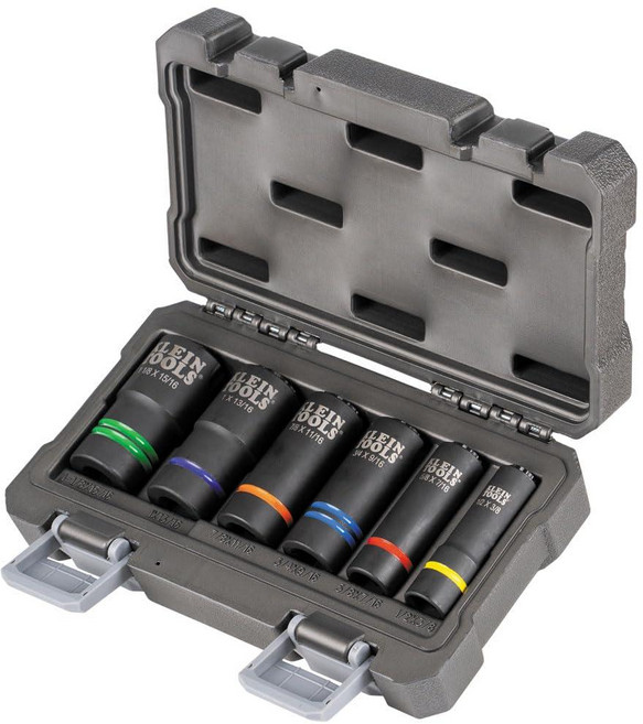Klein Tools 66090 1.3cm(1/2인치) 임팩트 소켓 세트 2-in-1 슬롯 디자인 12포인트 딥 소켓 임팩트 렌치용 공구 케이스 포함 6피스