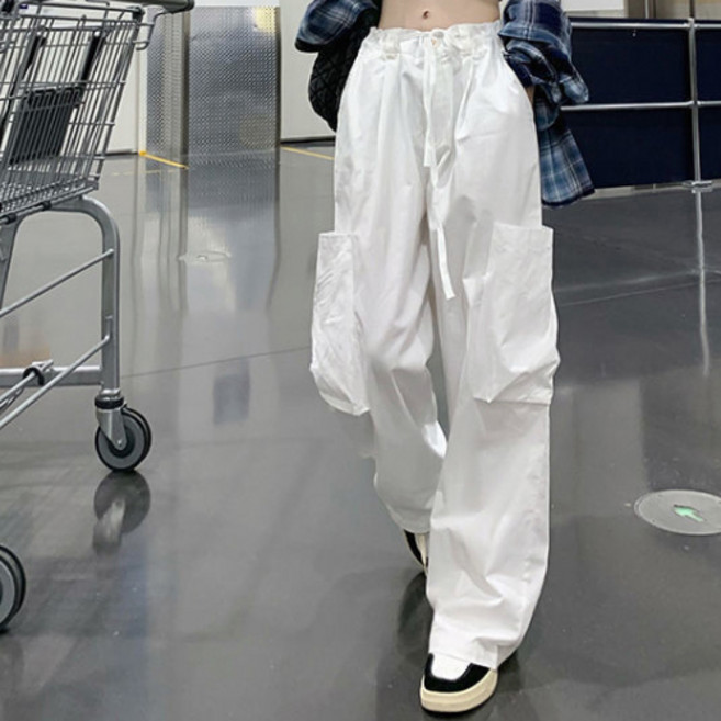 [순이야] C.여성 바스락 뒷밴딩 스트링 핀턱 와이드 카고팬츠