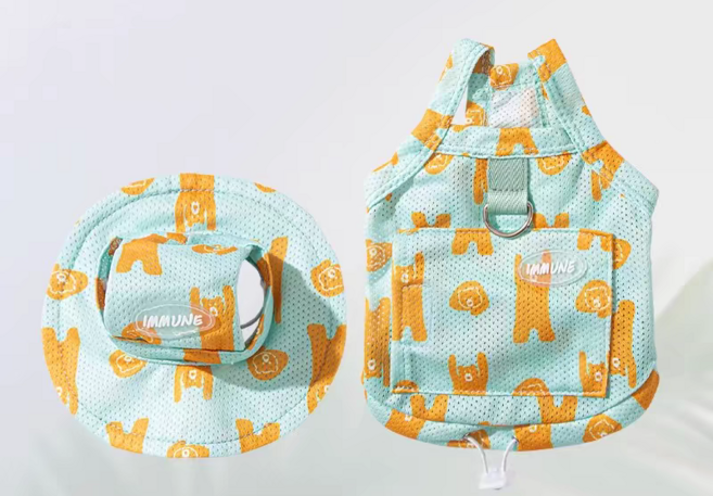 강아지 반려동물 쿨링 여름옷 아이스팩 쿨링 나시 + 모자 세트, 1개, 곰돌미 프린트