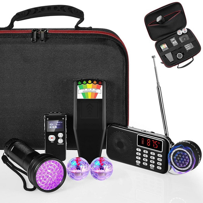 던지 8개 유령 사냥 장비 키트 1 Emf 미터 정령 연구 사례 음성 녹음기 플래시라이트 스피커 2 모션 라이트 업 캣 볼 및 FM 라디오(EMF 3) 포함, Emf Meter 1