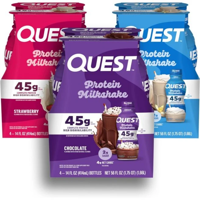 퀘스트 뉴트리션 바닐라 프로틴 쉐이크 45g 단백질 2g 설탕 3g 순 탄수화물 바로 마실 수 있음 4개입, 혼합, 14 플 오즈 (12개 묶음) - 쿠팡