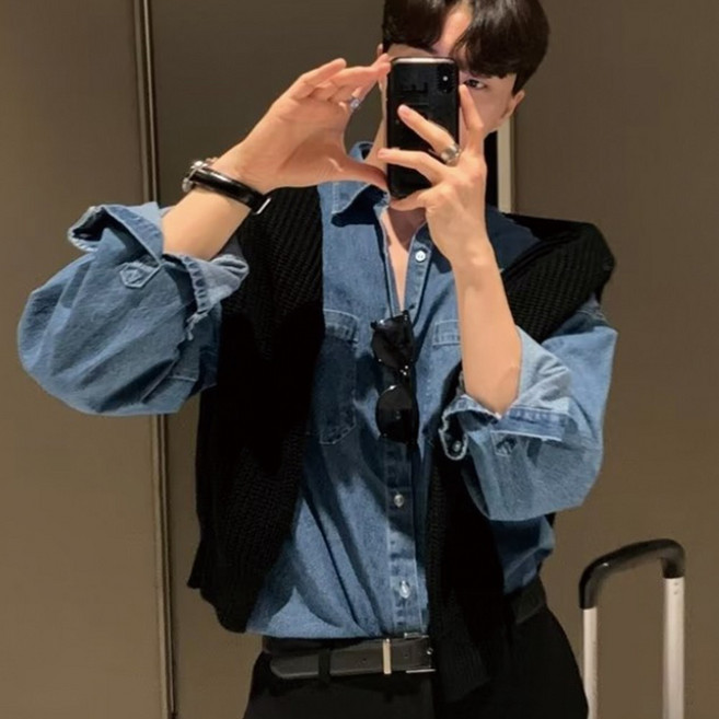 남성 긴팔 데님셔츠 투포켓 심플 카디건 청남방