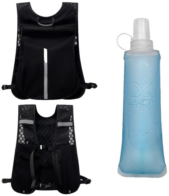 엑스뷰티 경량 러닝조끼 14종 러닝 베스트 마라톤 가방 스포츠백팩 + 소프트플라스크500ml 러닝 물병 등산 물통, 베이직 블랙, 1개, 베이직블랙