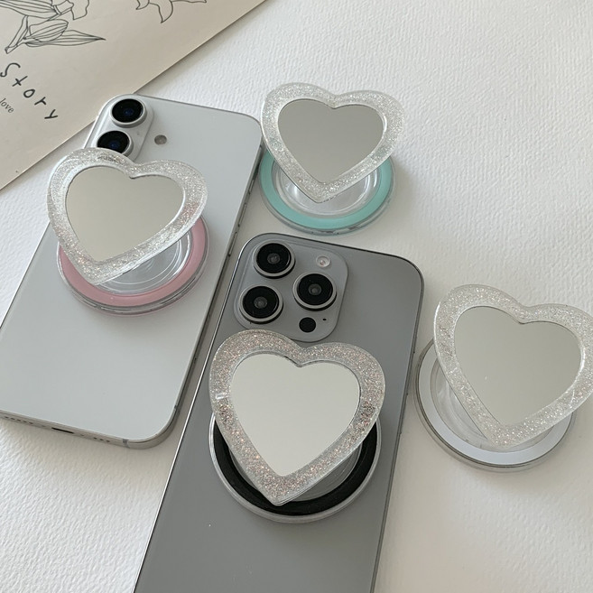 하트 거울 맥세이프 그립톡 셀카 핸드폰 거치대 감성 유니크 폰악세사리, 블랙맥세이프, 1개