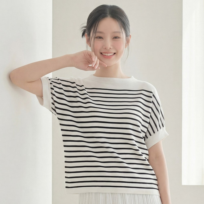 라뷰드 루즈핏 나그랑 스트라이프 반팔 니트 여성 오버핏 단가라 티셔츠 여자 여름 보트넥 줄무늬 반팔티 밴딩 소매 상의