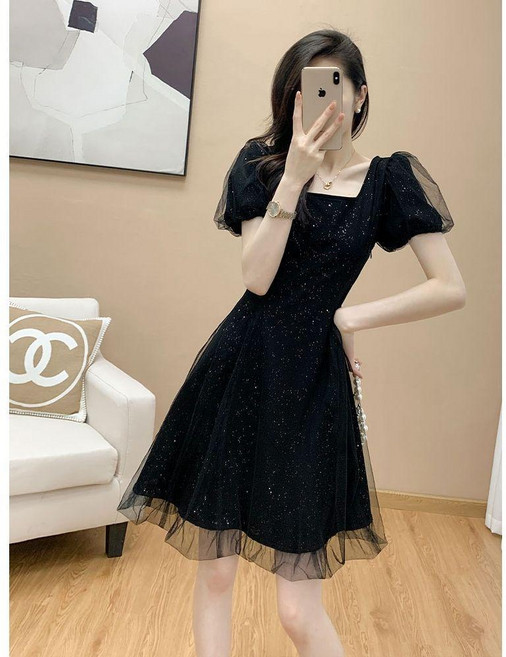 黑色 網紗拼接 氣質 小禮服 連衣裙, 黑色 前後兩穿 優質版,XL 125-140