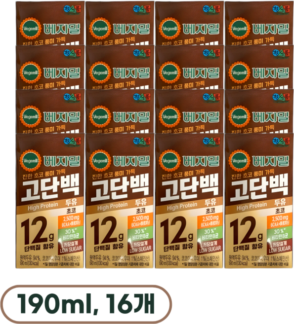 베지밀 고단백 두유 초코, 190ml, 16개