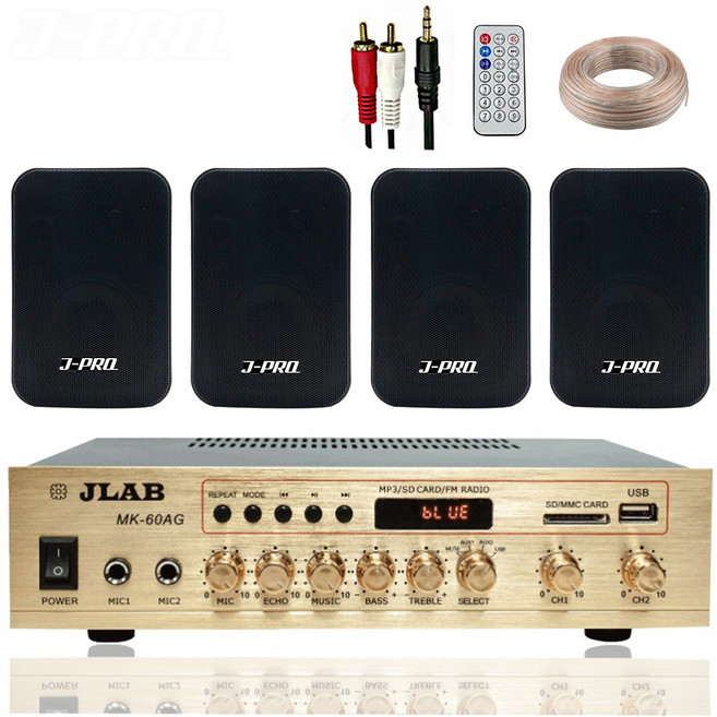 JLAB 블루투스 매장용 카페 매장 업소용 벽걸이 미니 앰프 스피커 4개+리모콘+PC선 1.5M+스피커케이블 40M, 블랙