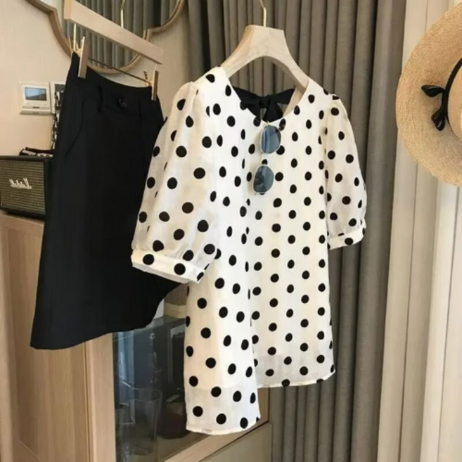 루스리더 여성 여름 리본끈 블라우스 V507