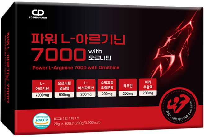 코스모팜 파워 L-아르기닌7000 with아미노산 20gx60포 오르니틴 흡수빠른액상, 1개, 60회분