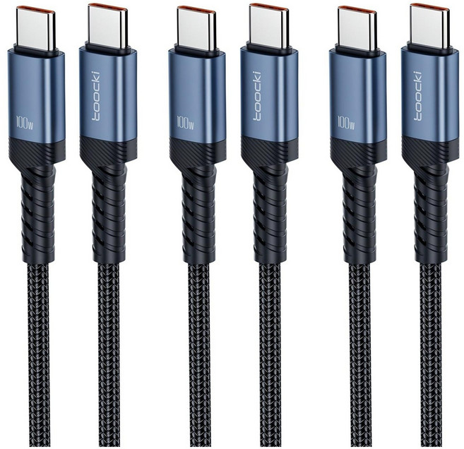 Toocki 단선 방지 E Marker 칩 100W C to C 타입 초고속 메탈 충전 케이블, 불루, 3개, 2m