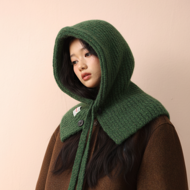 HALOPICK 빅사이즈 니트 스트링 후드 넥워머 뒷트임 바라클라바, 딥그린, 1개