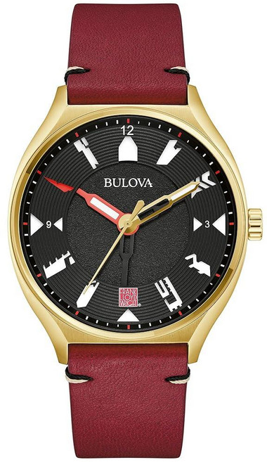 Bulova 부로바 남성용 Frank Lloyd Wright 오토매틱 'USONIA' 골드 스테인리스 스틸 케이스 및 버건디 가죽 스트랩 시계 스타일: 97A192 457401