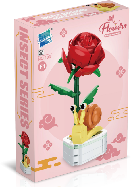 [머트리얼테크닉] 플라워시리즈 플라워블럭 곤충과꽃화분 레고호환 화병 부케, 103F1_장미와달팽이, 1개