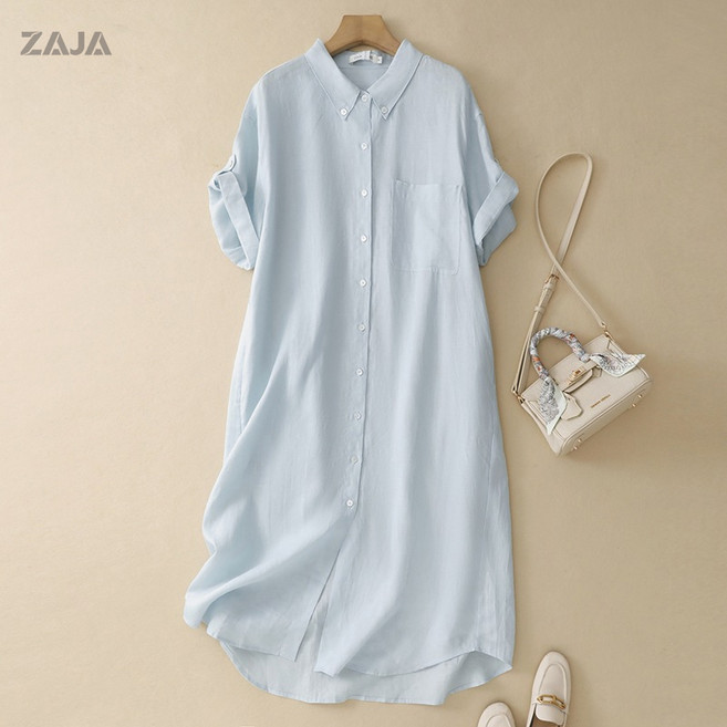 ZAJA 여름 여성 린넨 루즈핏 카라 원피스 데일리 심플 통근 셔츠 원피스