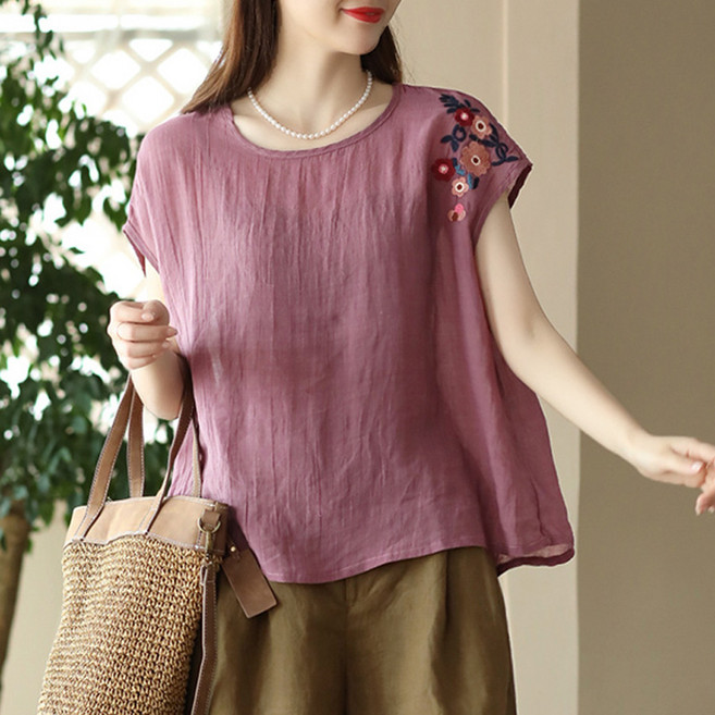 여성용 여름 빅사이즈 린넨 나시 루즈핏 민소매 티셔츠