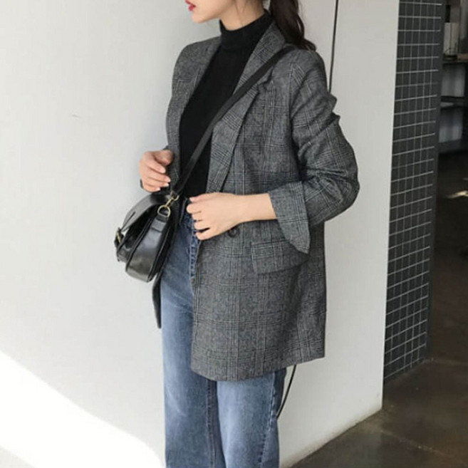 봄가을 여성 여자 캐주얼 정장 스타일 체크 무늬 자켓 su0+715pZ