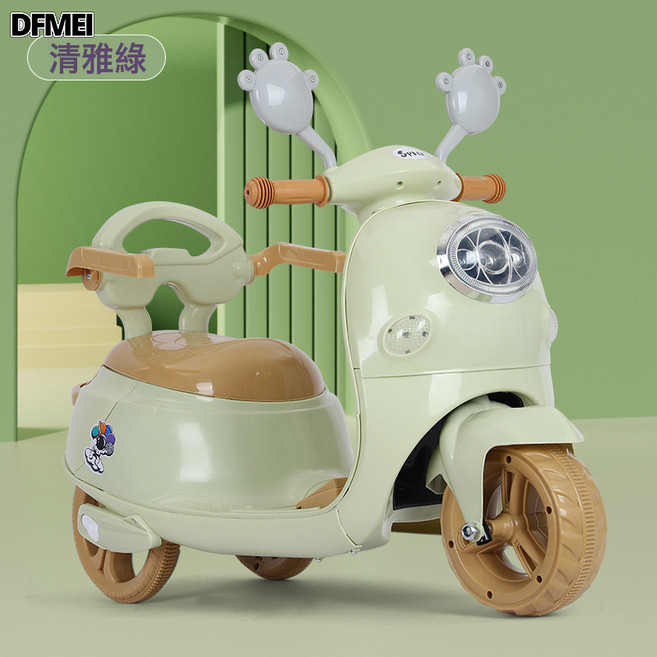 DFMEI 兒童電動摩托車三輪車女孩男寶寶車小孩可坐人充電單人遙控玩具車, 1個, 清新綠標配