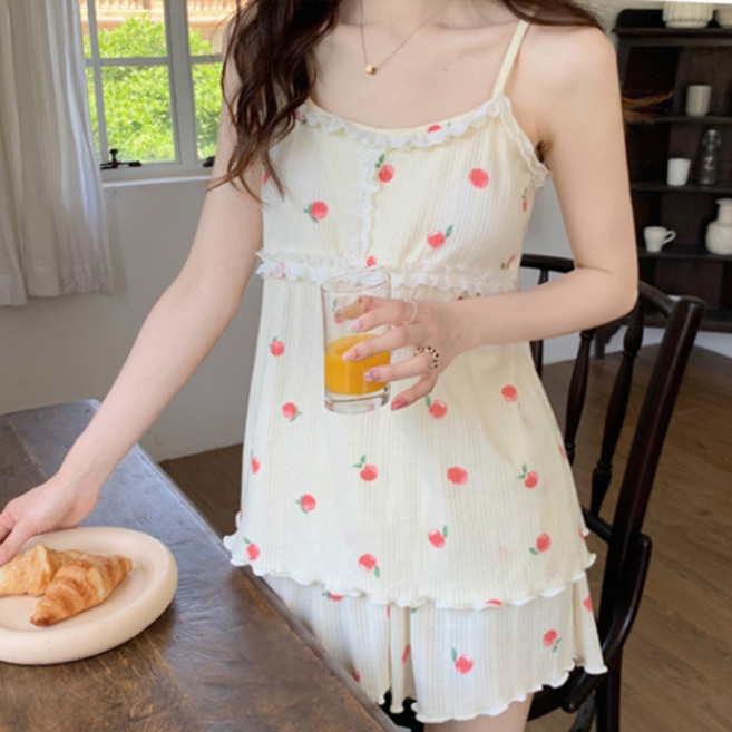 벨라미티나 캡내장 프릴 레이스 곰돌이 민소매 끈나시 상하 세트 파자마