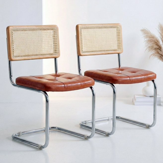 피피포피 바터 라탄 가죽 의자 세스카 체어, 2개, 브라운