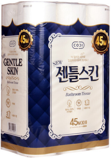 코디 젠틀스킨 화장지 45m x 30롤 3겹 쳔연펄프 두루마리 휴지 대용량, 1개