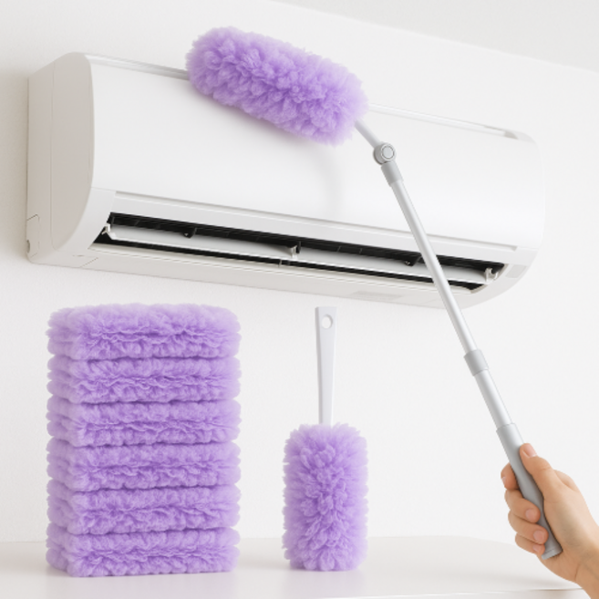 365마미 정전기 흡착 먼지털이 롱 숏 핸들+리필 20장 양면 먼지떨이, 1세트, 퍼플