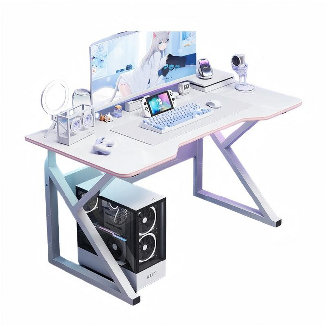 電競桌 碳纖維紋 人體工學設計 K型穩固鋼架 簡約實用穿線孔, 白色