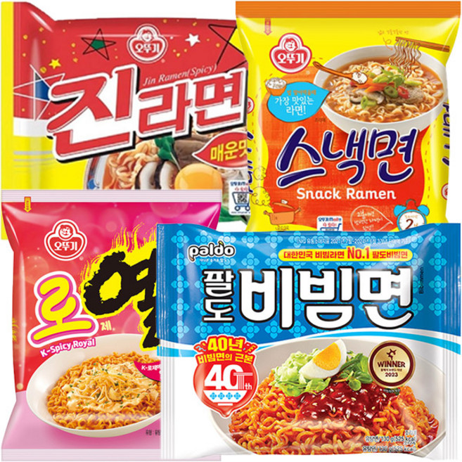 진라면매운맛 120g + 스낵면 108g + 팔도비빔면 130g + 로열라면 120g 각 낱개1개씩
