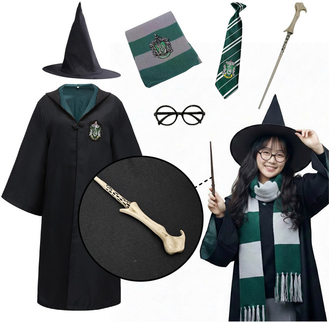 [청춘교복] 고퀄리티 해리포터 볼드모트 지팡이 6종세트 로브+머플러+자동로고타이+안경+지팡이+모자 코스프레 할로윈 마법사 졸사 졸업사진