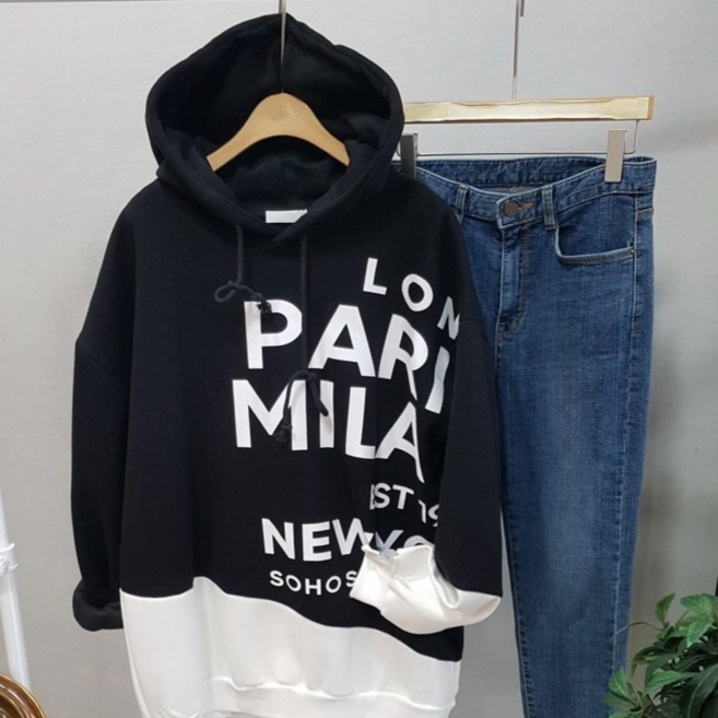 상상그이상 여성용 국내제작 편안한 배색 포인트 영문 레터링 기모 후드 맨투맨 티셔츠 꾸안꾸룩