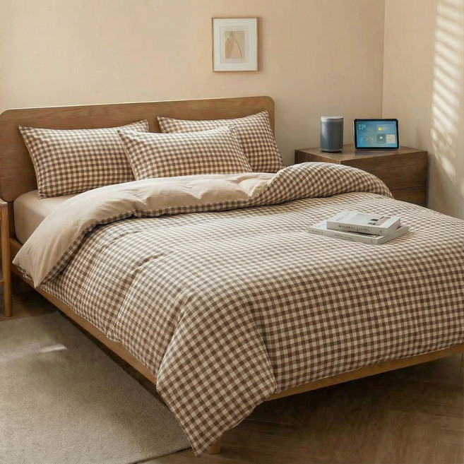 모던 체크 패턴 이불커버, 라떼 웜 체크