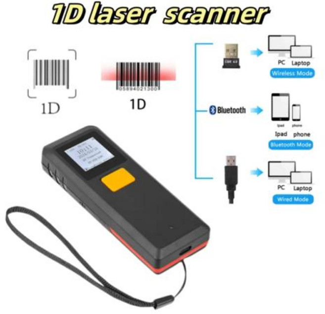 바코드 스캐너 휴대용 미니 블루투스 1D 2D 디스플레이 포함 간편한 데이터 저장 가능 휴대폰 또는 노트북 연결, 2) 1D laser scanner, 2) 1D laser scanner