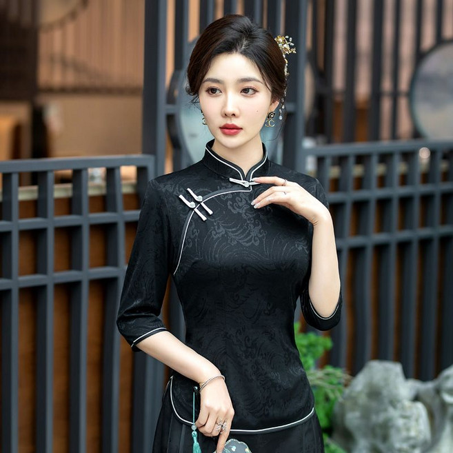 媽媽裝 中袖旗袍上衣 時尚國潮古風唐裝小衫女, 1個, 599七分袖 經典 知性L