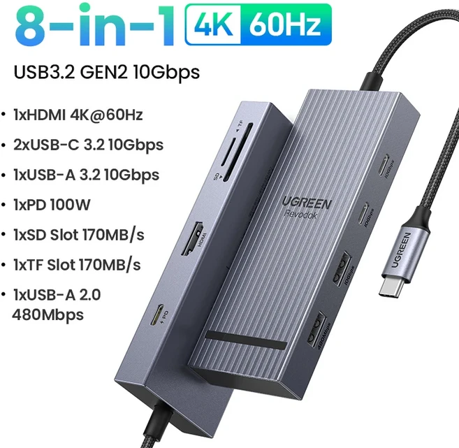 UGREEN USB 허브 8-in-1 타입-C to 4K60Hz HDMI USB-A&C 3.2 Gen 2 10Gbps PD100W SD/TF 맥북 프로/에어 아, 01 8-in-1 4K60Hz, 01 8-in-1 4K60Hz