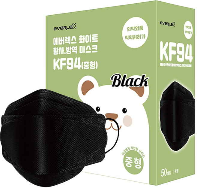 에버렉스블랙황사방역마스크(KF94)(중형), 50개입, 1개, 블랙