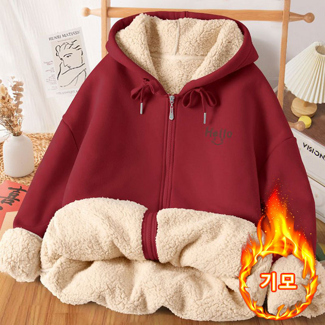 겨울 여성 캐주얼 후드 기모 맨투맨 아우터 집업 루즈핏 인조램스울 코트