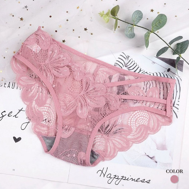 LUCISSI 蕾絲鏤空低腰三角內褲 花邊透視設計, 粉嫩秘境