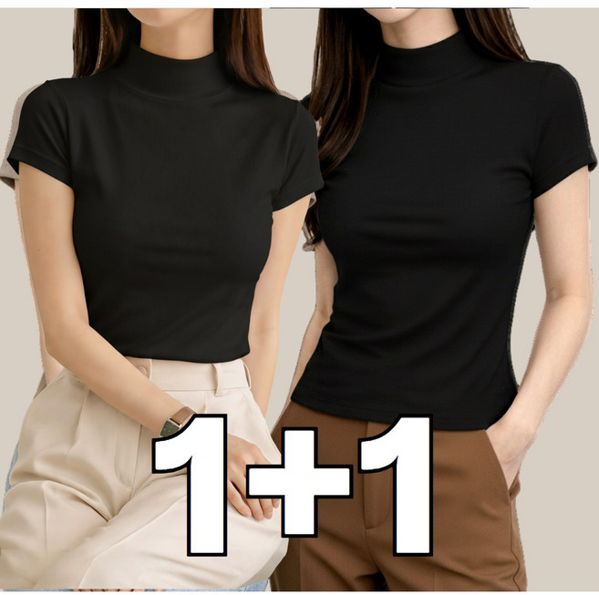 아쥬르 여성 하프넥 캡소매 반팔 반목 티셔츠 1+1