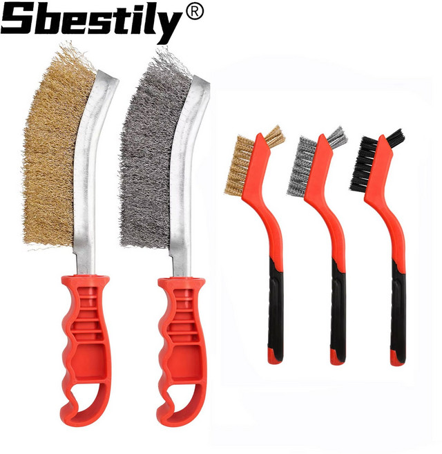 Sbestily 5Pcs 입 스틸 브러시 가정용 청소 브러시 세트 다기능 스틸 브러시 세트 나일론 브러시와 구리 브러시 포함 금속 그릴 청소 및 주방 청소에 적합, 5개, 조합