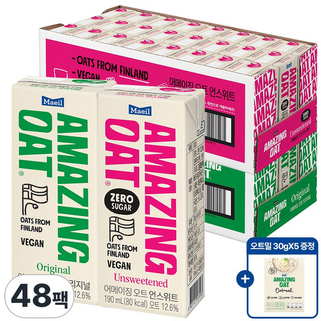 어메이징오트 190ml 오리지널 24팩 + 언스위트 24팩 어메이징 오트 오트밀 오리지널(30G*5) 1개 증정