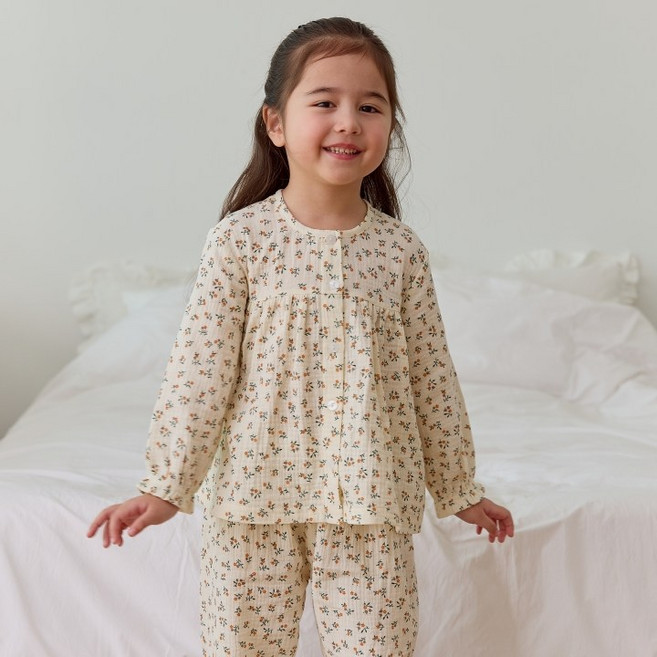 아이숲 여아용 아사면 플라워 거즈요루셋업 상하의 세트