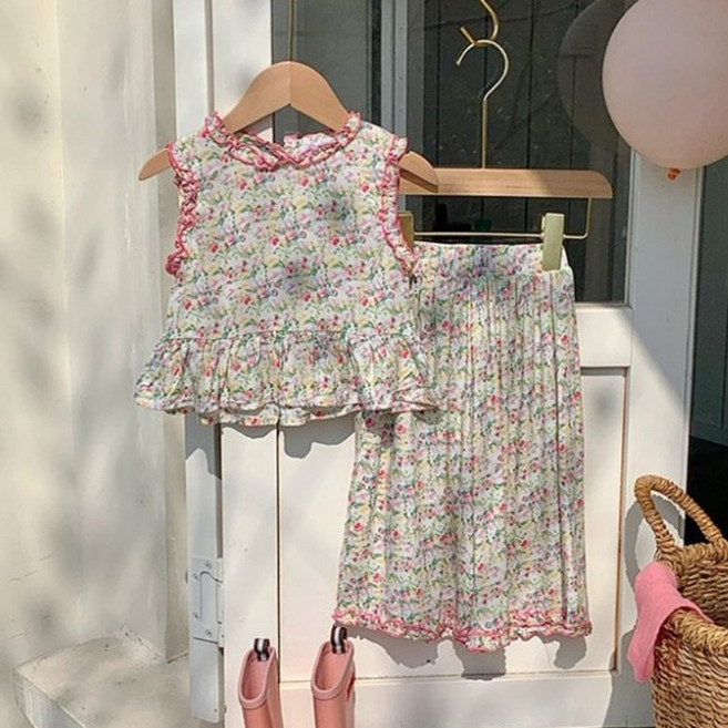 구빠방 아동 러플 플라워 민소매 와이드 투피스 세트