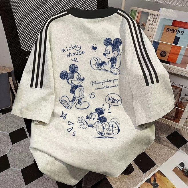 남성 여성 반팔 티셔츠 레트로 미키 마우스 280g 순면 남녀공용 삼선 루즈핏