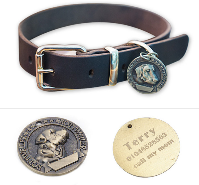 (자체제작)소가죽 커스텀 이름표 연락처 각인 소형견 중형견 대형견 목줄, 진돗개, 1개