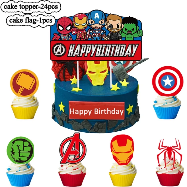 스파이더 맨 마블 케이크 토퍼 장식 어린이 생일 파티 어벤저 스 수제 컵케익 디저트 플래그, 01 CHINA, 03 dxcp-25pcs