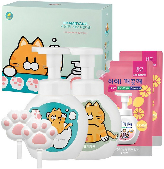 아이깨끗해 폼냥이 핸드워시 레몬향 2p + 리필 200ml 2p + 거품툴 2p + 폼냥이스티커 2p, 1개
