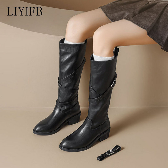 5위 - LIYIFB 벨트 여성 통굽롱부츠 5cm 웨스턴부츠